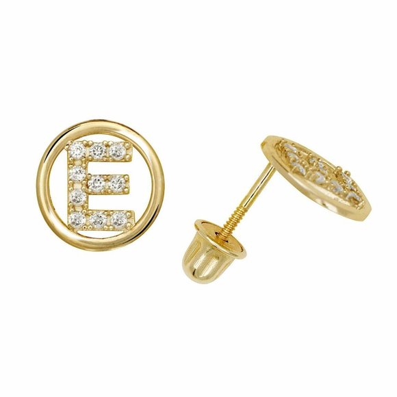 14K Solid Yellow Gold 8mm Letter Initial Halo CZ Stud Alphabet Earrings - Picture 6 of 15